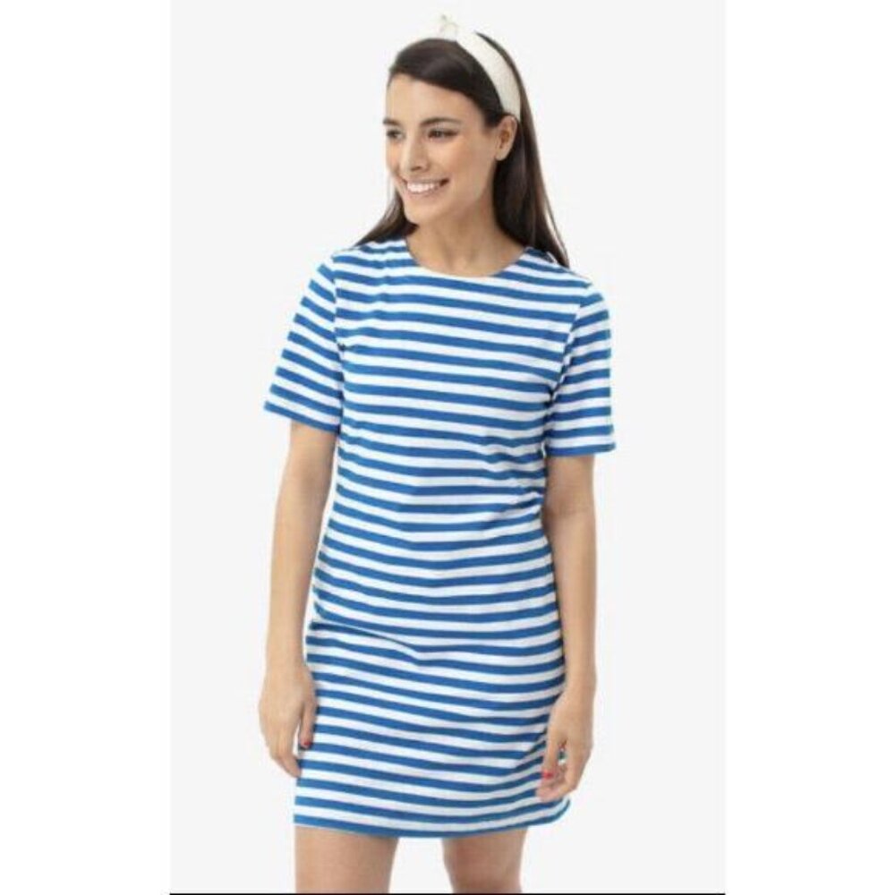 Tuckernuck Stella Blue Striped Short Sleeve Shift Dress Pockets Nautical